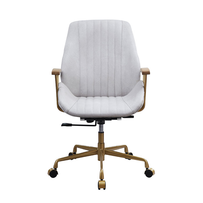 Vintage White Genuine Leather Executive Swivel Chair with Gold Metal Frame
