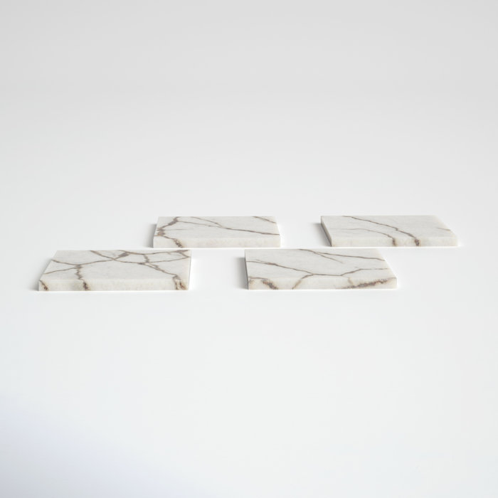 Square White and Brown Ceramic Coaster Set