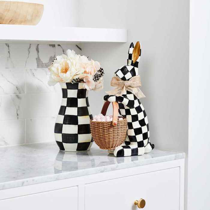 Black and White Checkered Metal Vase with Blush Bouquet