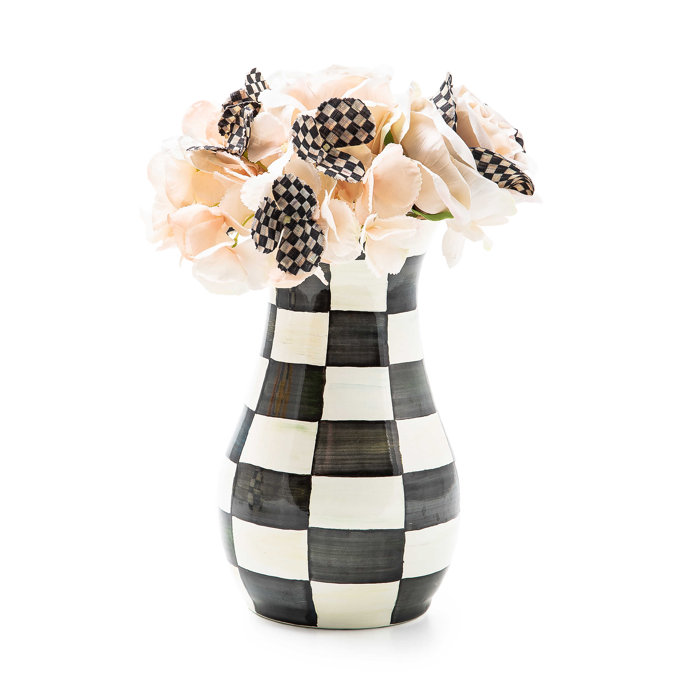 Black and White Checkered Metal Vase with Blush Bouquet