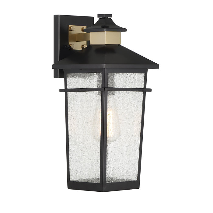 Matte Black and Brass Outdoor Lantern Sconce with Seeded Glass