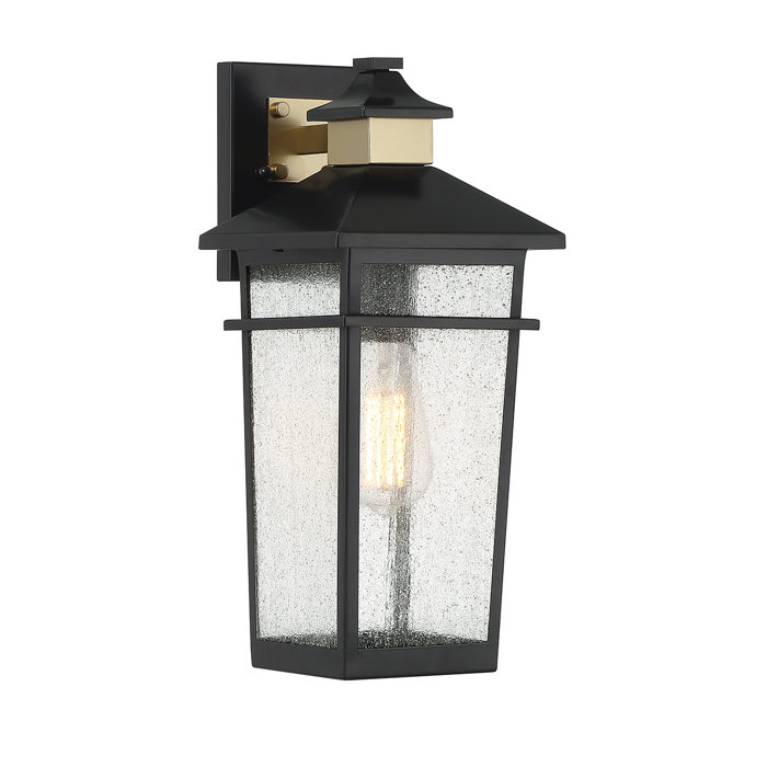 Matte Black and Brass Outdoor Lantern Sconce with Seeded Glass