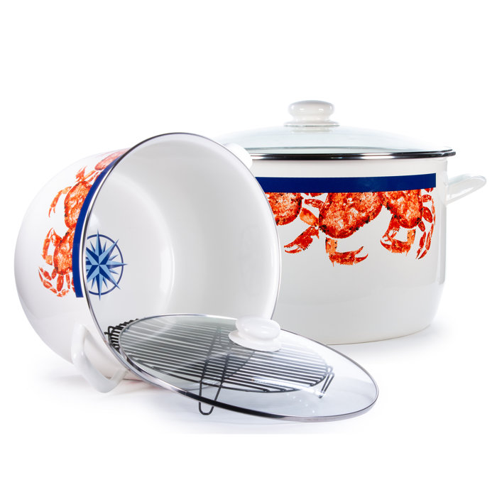 18 qt White Enamelware Stock Pot with Crab Print