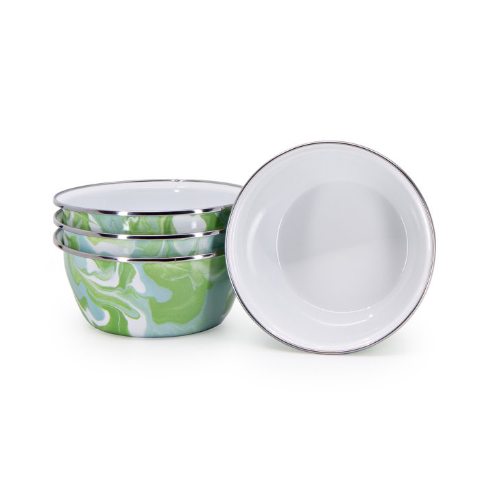 Modern Monet Green and White Enamel Salad Bowls Set of 4