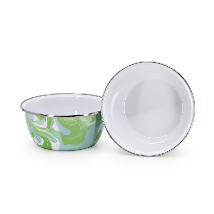 Modern Monet Green and White Enamel Salad Bowls Set of 4