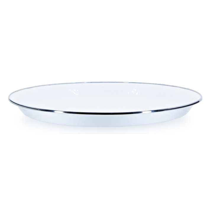 White Circular Enamel Tray with Stainless Steel Accents