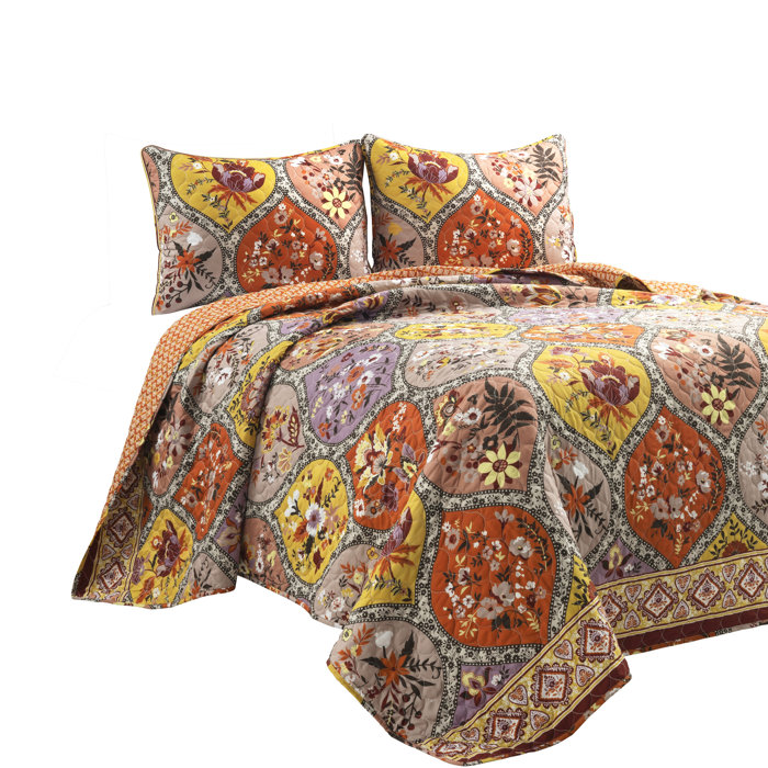 Bohemian Flower Reversible Cotton Full Quilt Set in Tangerine and Lilac