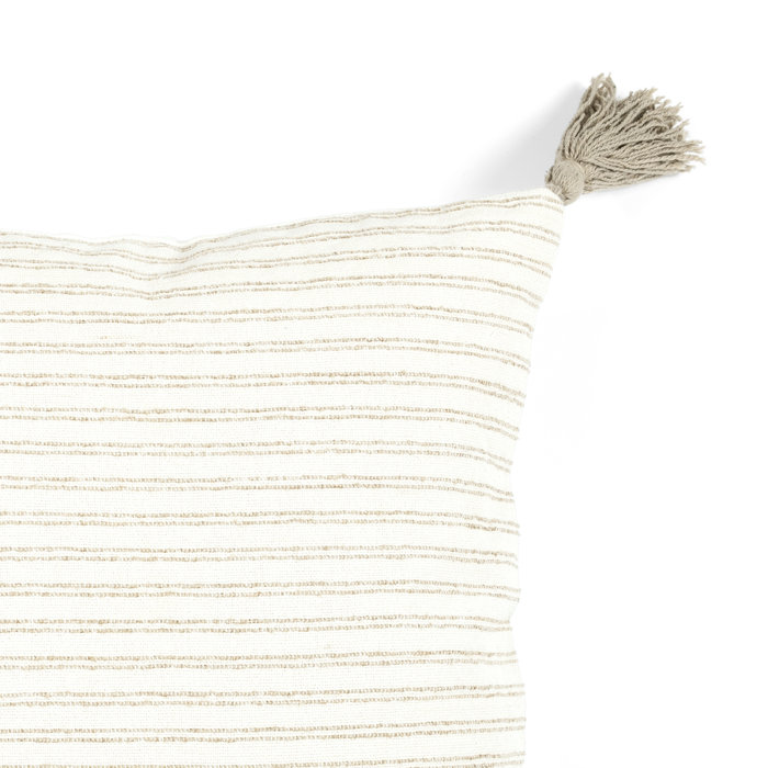 Taupe Striped Cotton Square Throw Pillow with Tassels