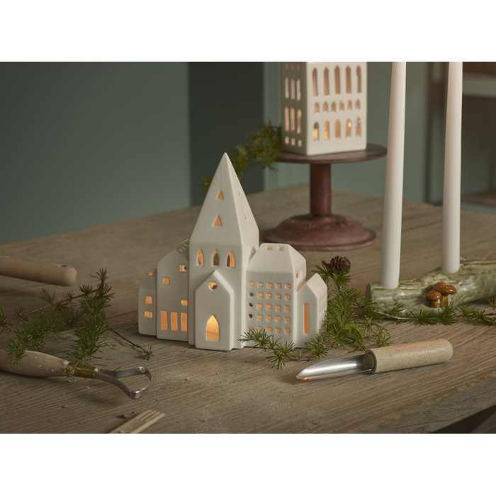 Urbania White Ceramic Church-Inspired Lantern Candle Holder