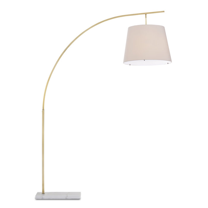 Antique Brass & White Arc Floor Lamp with Off-White Shantung Shade