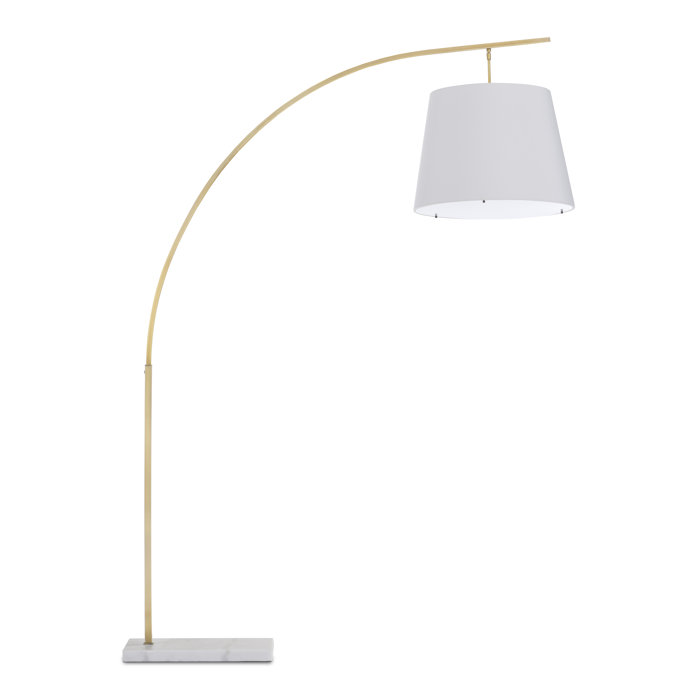 Antique Brass & White Arc Floor Lamp with Off-White Shantung Shade