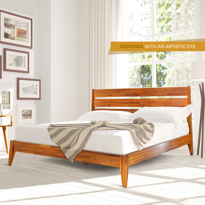 Caramel Acacia Wood Queen Platform Bed Frame with Headboard