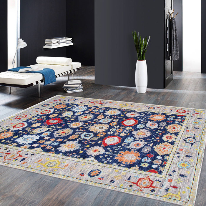 Elegant Navy Floral Hand-Knotted Wool Rectangular Rug 10' x 14'