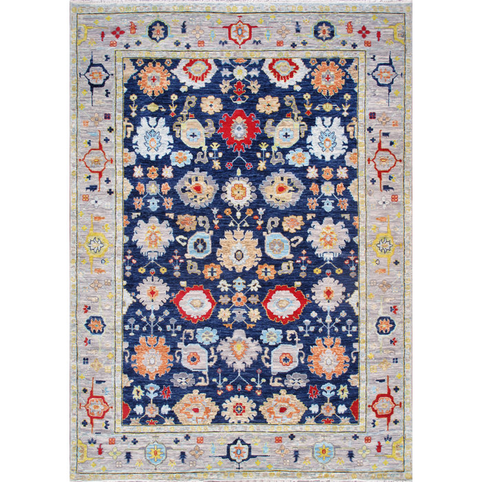 Elegant Navy Floral Hand-Knotted Wool Rectangular Rug 10' x 14'