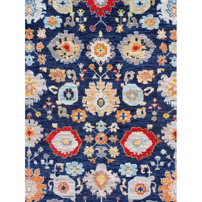 Elegant Navy Floral Hand-Knotted Wool Rectangular Rug 10' x 14'