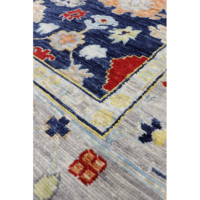 Elegant Navy Floral Hand-Knotted Wool Rectangular Rug 10' x 14'