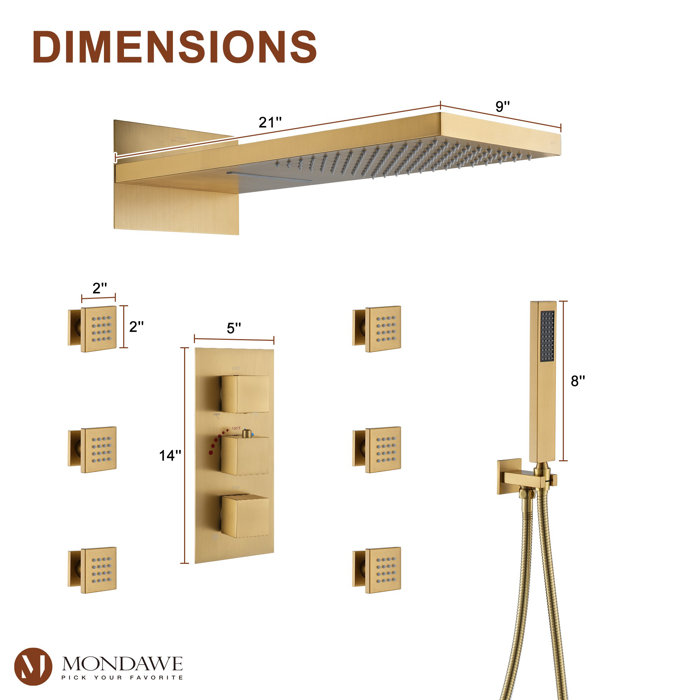 Large Brushed Gold Dual Rain Shower System with Handheld