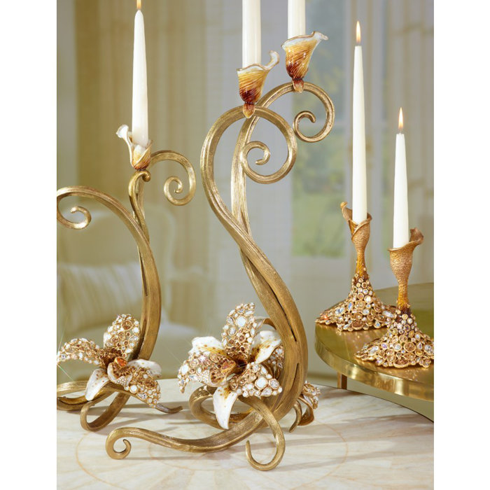 Roselyn Orchid 21.5" Golden Double Candlestick with Swarovski Crystals