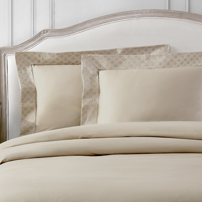 Tan Cotton Sateen Queen Duvet Cover Set with Diamond Embroidery