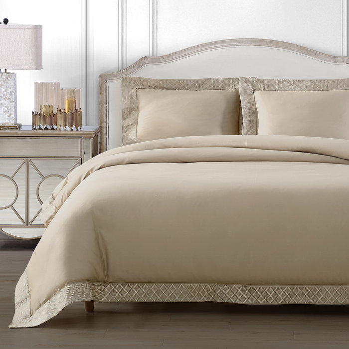 Tan Cotton Sateen Queen Duvet Cover Set with Diamond Embroidery
