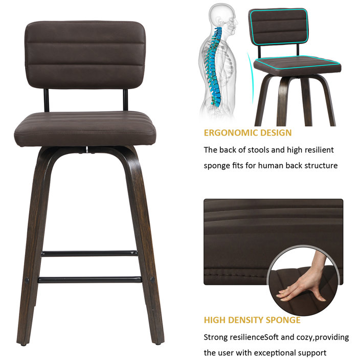 Brown Faux Leather Swivel Bar Stools with Low Back, Set of 2
