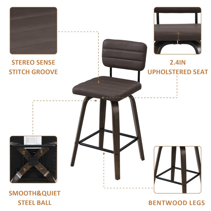 Brown Faux Leather Swivel Bar Stools with Low Back, Set of 2