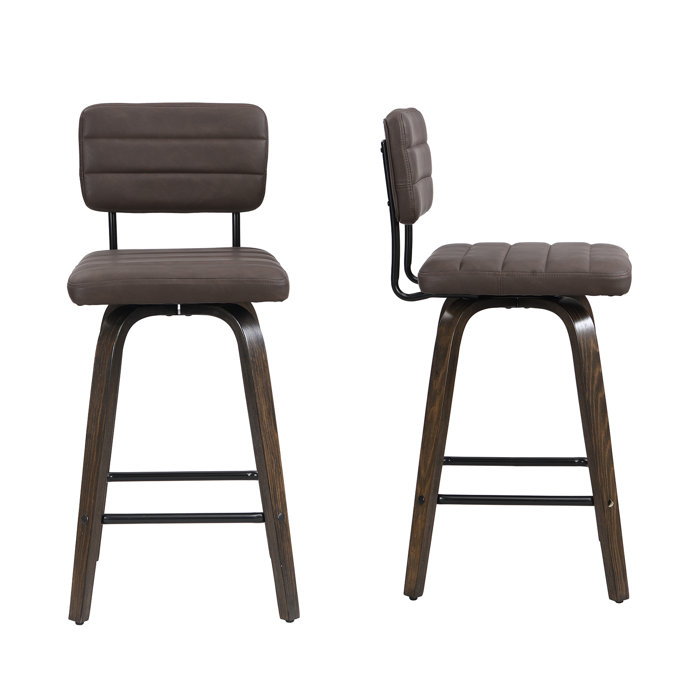 Brown Faux Leather Swivel Bar Stools with Low Back, Set of 2