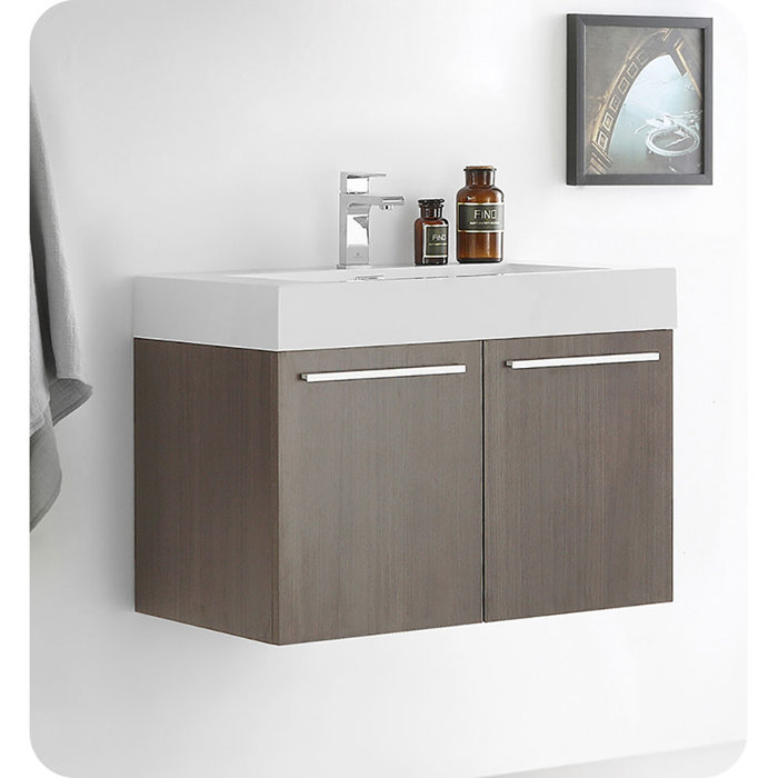 Gray Oak Wall-Mount Vanity with White Acrylic Sink