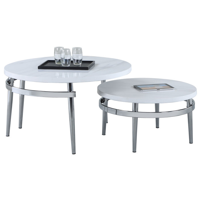 White Marble and Chrome Round Nesting Coffee Table Set