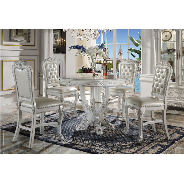 Ivory Faux Leather Upholstered Side Chair with Carved Wood Frame