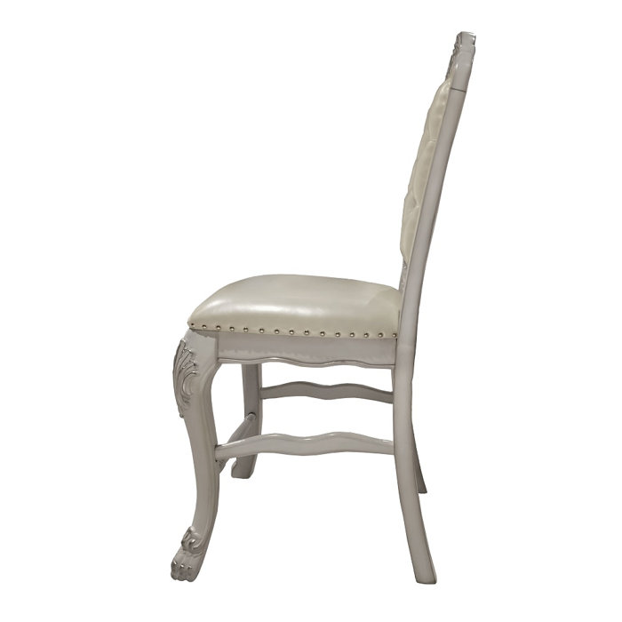 Ivory Faux Leather Upholstered Side Chair with Carved Wood Frame