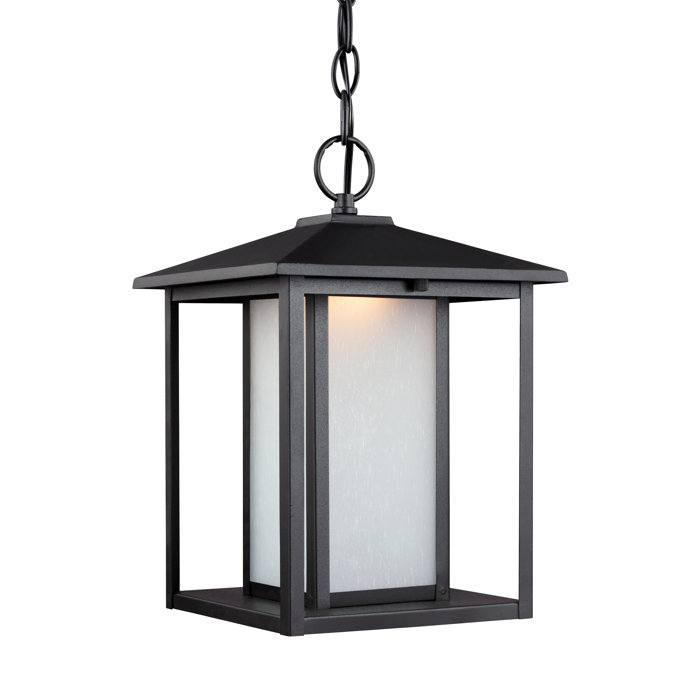 Hunnington Transitional Black Outdoor Pendant with Etched Seeded Glass