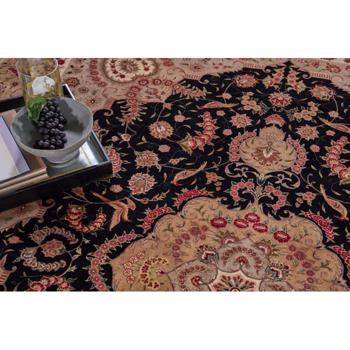 Hand-Knotted Black and Beige Wool Silk Medallion Rug 8' x 10'