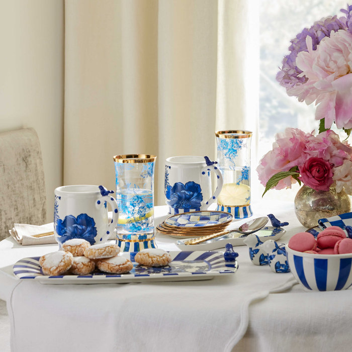 Hand-Painted Blue Floral Highball Glass Set with Gold Trim