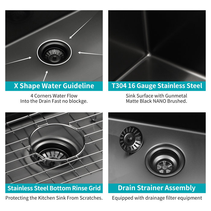 32" Gunmetal Black Stainless Steel Undermount Single Bowl Kitchen Sink