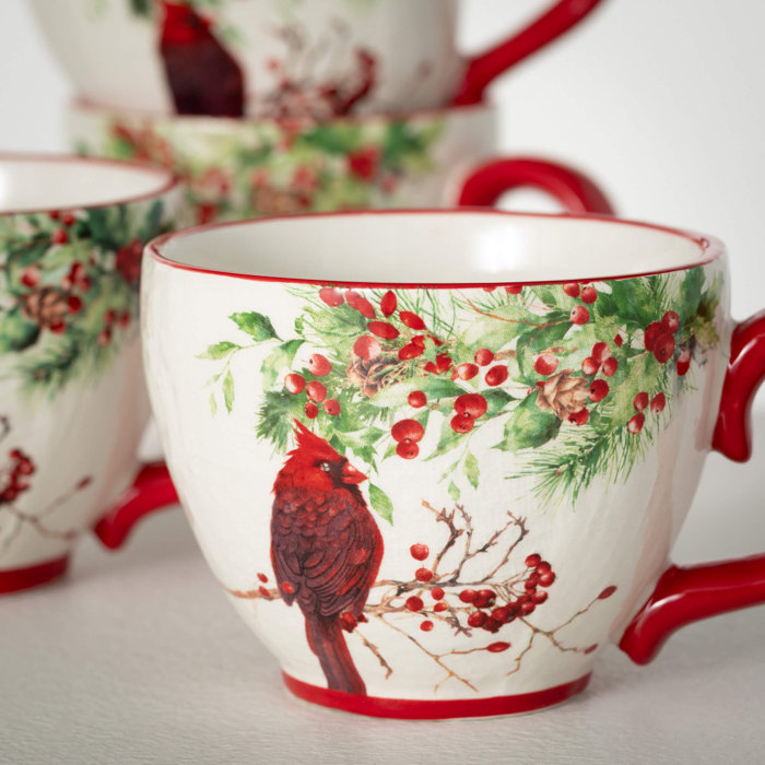 3.75" White Ceramic Christmas Cardinal Mug Set of 4