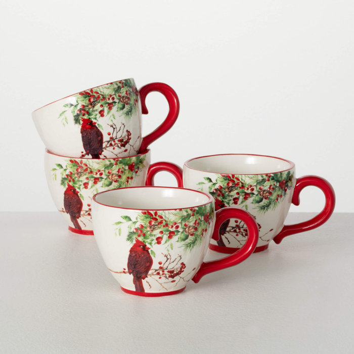 3.75" White Ceramic Christmas Cardinal Mug Set of 4