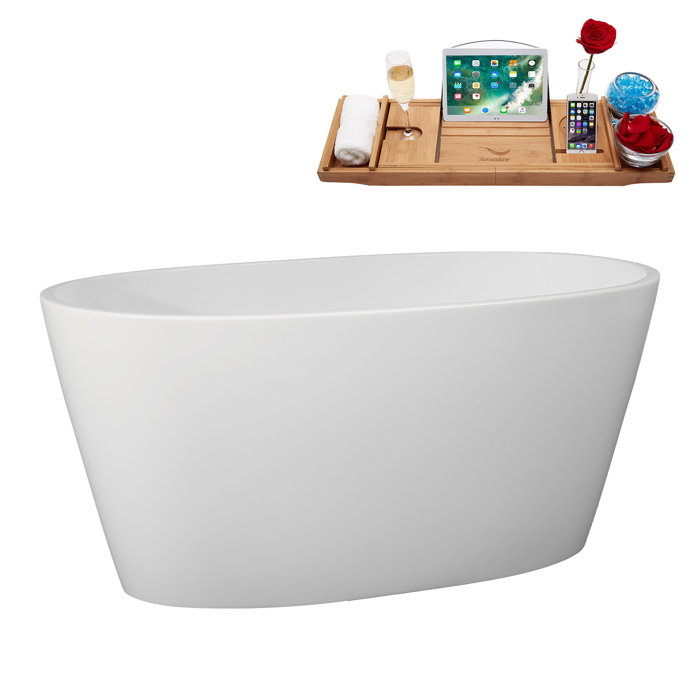 51" Glossy White Acrylic Freestanding Soaking Bathtub with Bamboo Tray