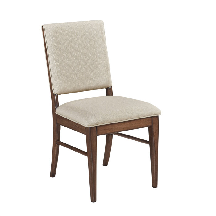 Set of 2 Beige Upholstered Side Chairs with Brown Wood Frame