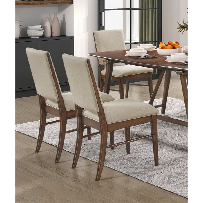 Set of 2 Beige Upholstered Side Chairs with Brown Wood Frame
