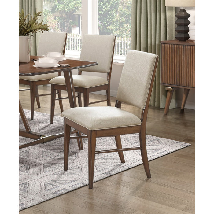Set of 2 Beige Upholstered Side Chairs with Brown Wood Frame