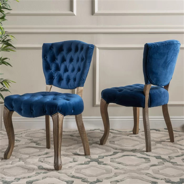 Navy Blue Velvet Upholstered Dining Side Chairs with Natural Rubberwood Legs