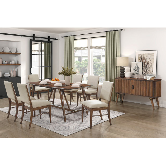 Set of 2 Beige Upholstered Side Chairs with Brown Wood Frame