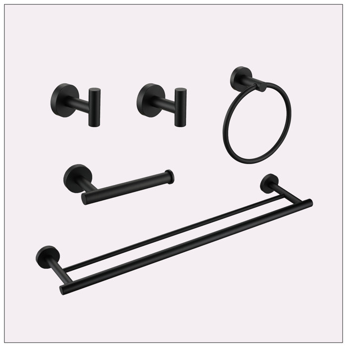 Matte Black Metal Bathroom Hardware Accessories Set, 5 Pieces