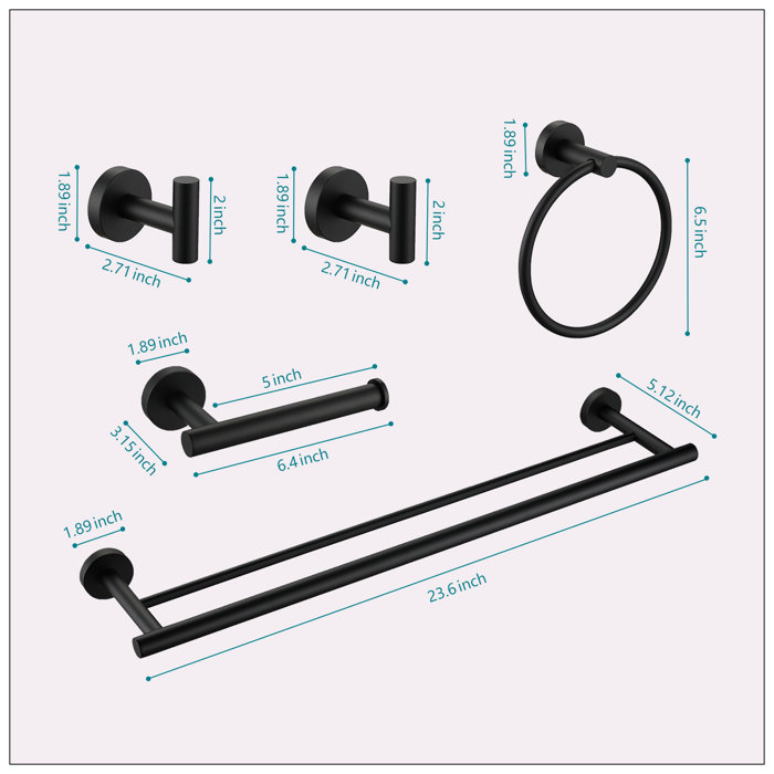 Matte Black Metal Bathroom Hardware Accessories Set, 5 Pieces