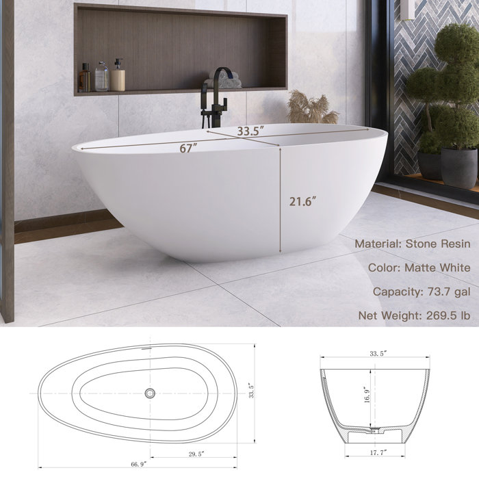 67'' Matte White Solid Surface Freestanding Soaking Bathtub