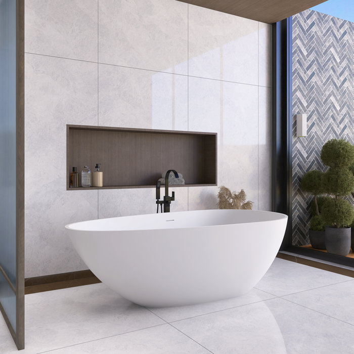 67'' Matte White Solid Surface Freestanding Soaking Bathtub