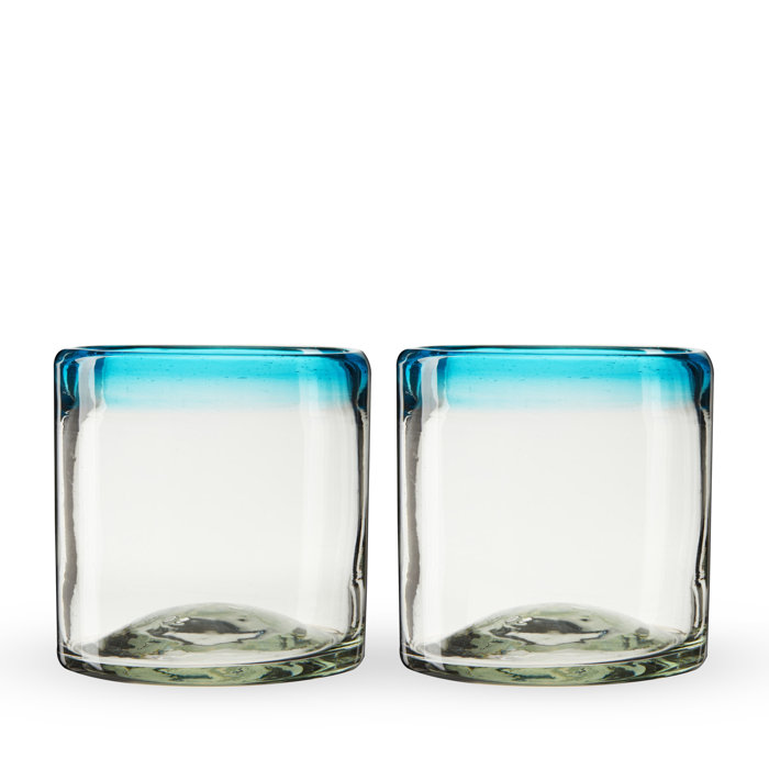 Blue Rimmed Hand Blown Recycled Glass Tumblers, 12oz, Set of 2