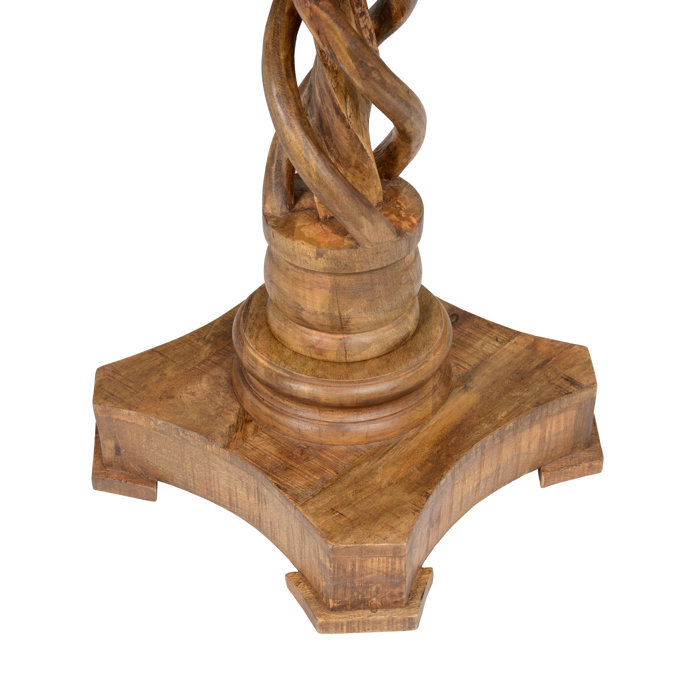 Natural Brown Mango Wood Round End Table with Carved Pedestal Base