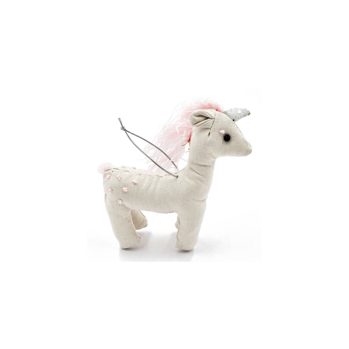 Cream and Pink Fabric Unicorn Hanging Ornament Set of 6